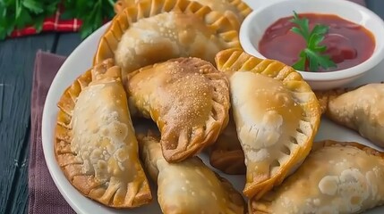 Golden Empanadas With a Side of Red Sauce