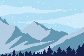 winter pixel art image, there is a beautiful high mountain surrounded by pine trees covered in snow