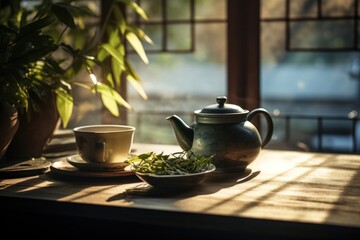 Tea leaves to brew teapot window table.