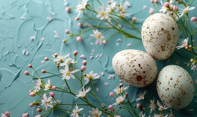 Fototapeta premium easter egg,marble stone effect,spring flowers on pastel blue background top view flat lay