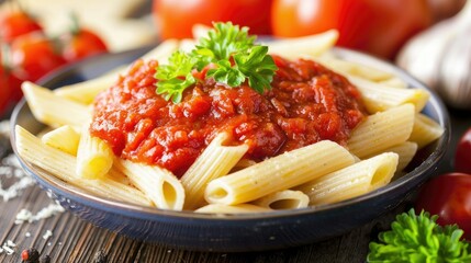 A Bowl of Penne Pasta With Tomato Sauce and Parsley