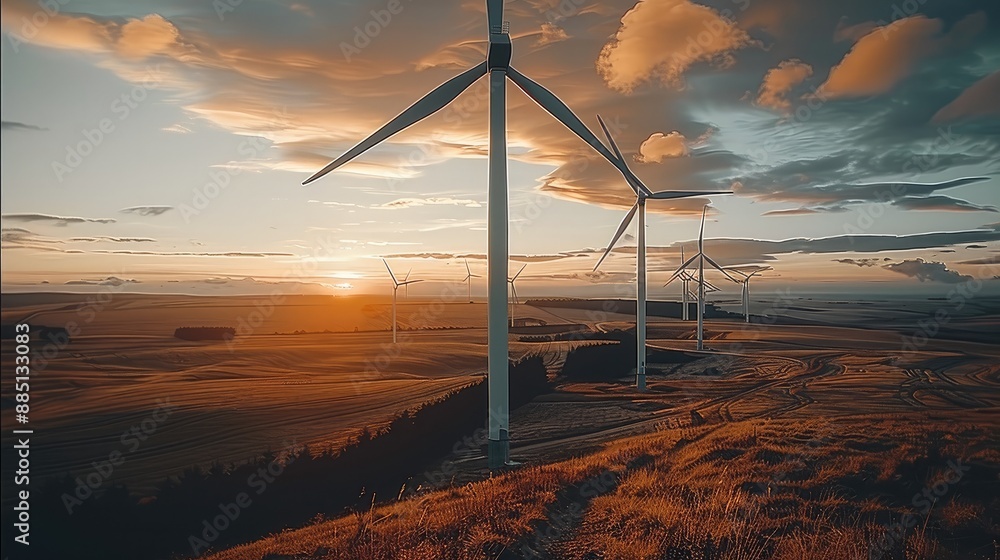 Poster five huge wind turbines are spinning in the wind field. depth of field. generative ai.