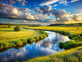 Obraz premium sunset over the river, nature, sky, lake, river, grass, summer, green, meadow, cloud, reflection, clouds, forest, field, tree, view