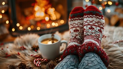 Woolen socks by the Christmas fireplace
