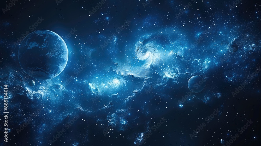 Aufkleber A background of dark blue space with several planets floating in the distance, with high resolution. Generative AI.