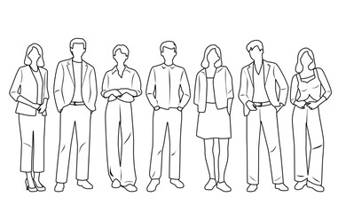 Vector silhouettes of  men and a women, a group of standing  business people,  linear sketch, black and white color isolated on white background