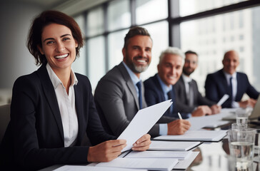 Business Team Smiling and Holding Documents at a Meeting in a Modern Office Setting with Large Windows