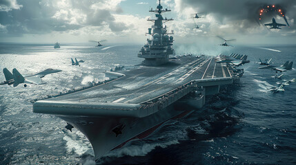 The aircraft carrier is sailing in the sea, with a fighter jet on the deck gliding and flying. Other fighter jets are flying around the carrier, escorting it. Generative AI.