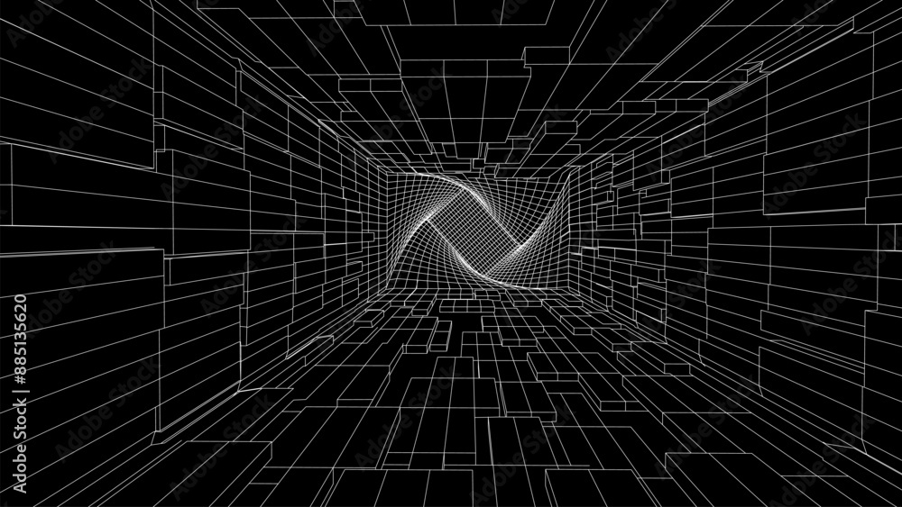 Poster futuristic damaged and distorted white box on the black background. wireframe grid tunnel, network c