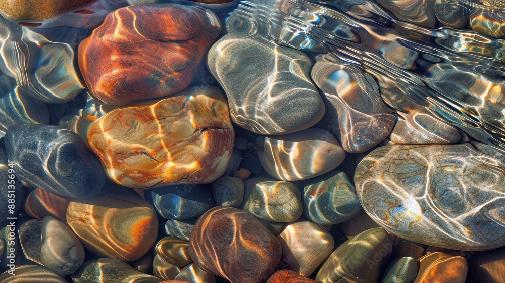 Poster smooth multi-colored pebbles are visible beneath clear water in this close-up shot