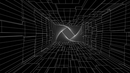Futuristic damaged and distorted white box on the black background. Wireframe grid tunnel, network connection technology. Style portal pattern. Vector illustration.