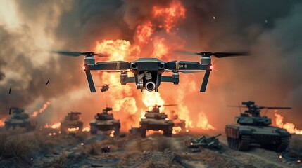 Drone flying over a battlefield, burning armored vehicles in the background. Generative AI.