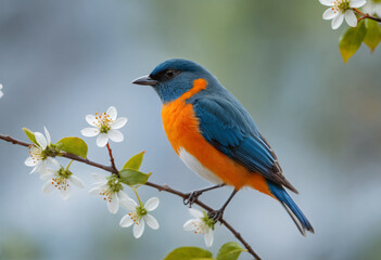 Bird on branch with white flower