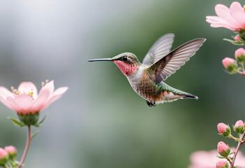 Fototapeta premium Hummingbird flying with pink flower