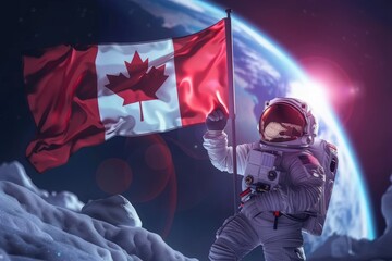 A Canadian astronaut plants the Canadian flag on the moon's surface, with Earth visible in the background.