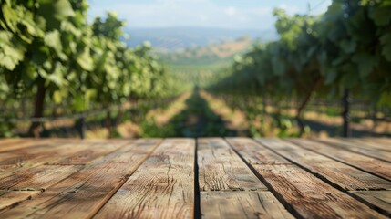 The empty wooden table top with blur background of vineyard. Exuberant image. generative AI