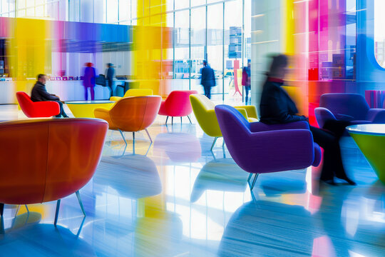 Colorful modern lobby with blurred figures