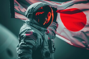 A lone astronaut in a white spacesuit with American and Japanese flags enters a spaceship. The Japanese flag billows dramatically against the dark grey backdrop