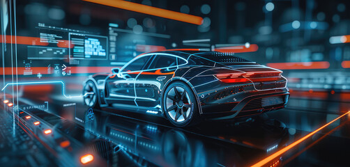 An electric car with holographic projection, surrounded by data visualizations and graphs, A digital interface displaying various performance bars highlights speed, battery level, and energy use.