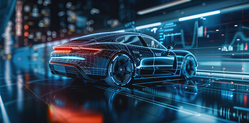 An electric car with holographic projection, surrounded by data visualizations and graphs, A digital interface displaying various performance bars highlights speed, battery level, and energy use.