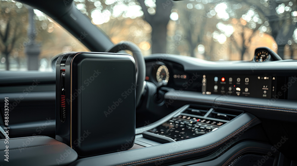 Poster a sleek black mini fridge is securely placed on the center console of a car. the fridge fits snugly 