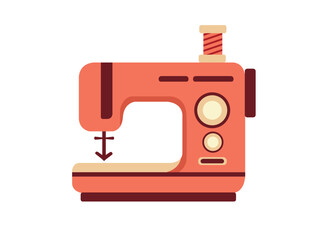Retro red sewing machine with skein of thread. Vintage equipment for hobby or dressmaker vector illustration isolated on white background