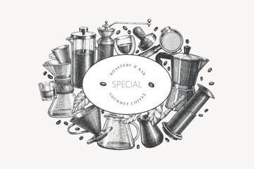 Alternative Coffee Makers Illustration. Vector Hand Drawn Specialty Coffee Equipment Banner. Vintage Style Coffee Bar Design 