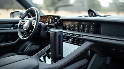 Obraz premium A sleek black mini fridge is securely placed on the center console of a car. The fridge fits snugly between the front seats, blending with the modern interior design of the vehicle. Generative AI.