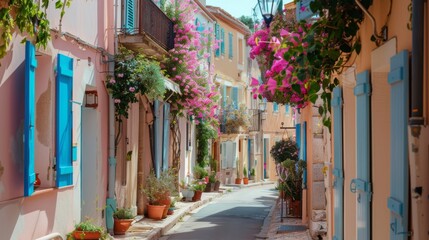 Obraz premium Charming Mediterranean street lined with colorful houses. Bright blue windows, blooming flowers, and narrow road. Serene and picturesque alleyway.