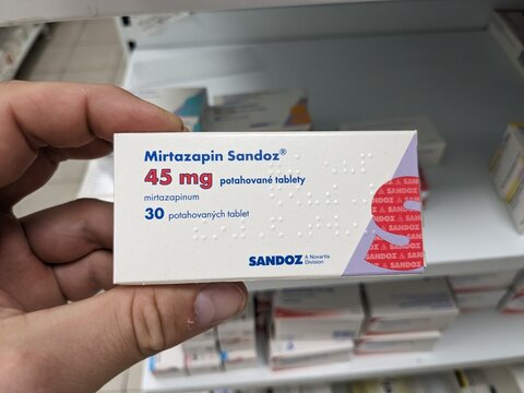 Prague, Czech Republic - July 10 2024: MIRTAZAPIN SANDOZ box of medication with MIRTAZAPINE active substance by SANDOZ, used for treatment of major depressive disorder and anxiety.

