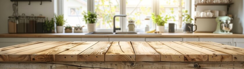 Empty wooden table with blurred modern kitchen background, minimalist design, contemporary home