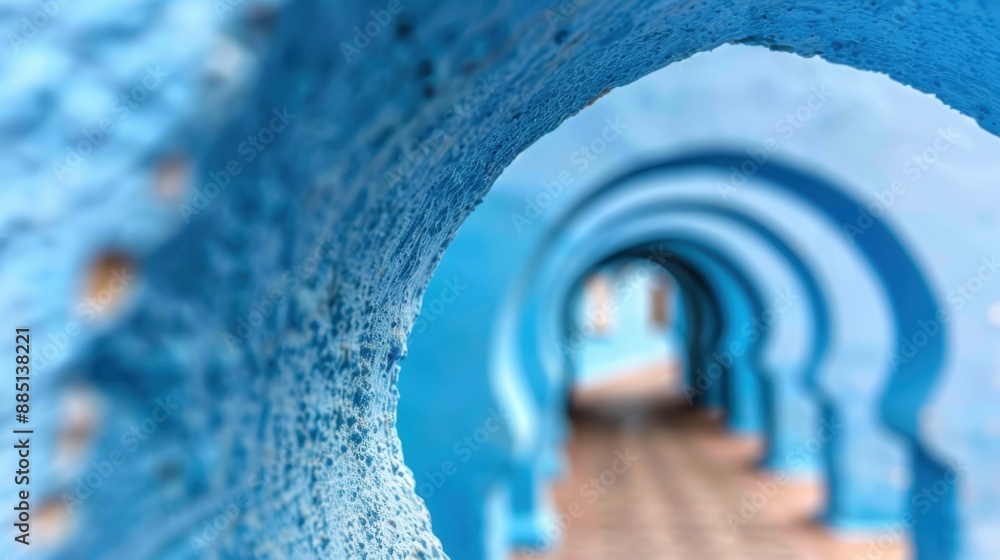 Poster a photograph of an architectural structure featuring multiple blue arches, creating an intriguing pe
