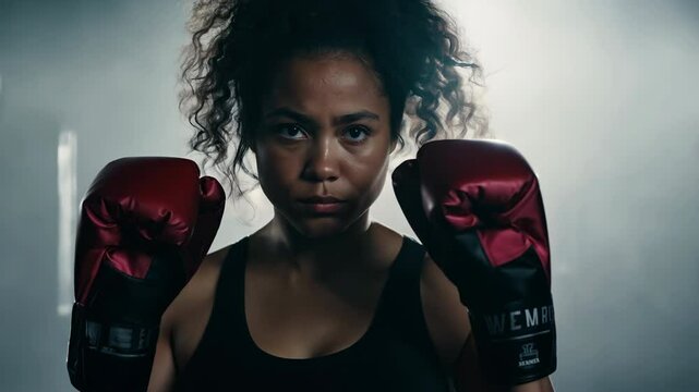 Determined female boxer in gloves, intense closeup portrait