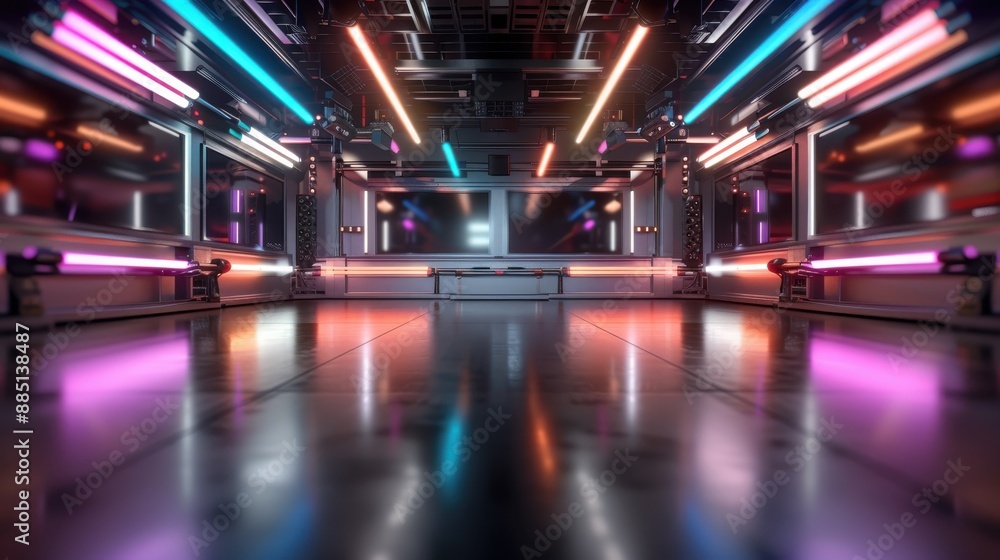 Poster a futuristic room filled with vibrant neon lights of different colors, creating an immersive and dyn