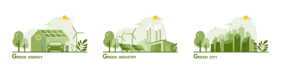 Caring for the environment and using clean green energy, Renewable energy sources net zero emission concept, Electric vehicle Technology, Wind power generator and Photovoltaics system industrial.