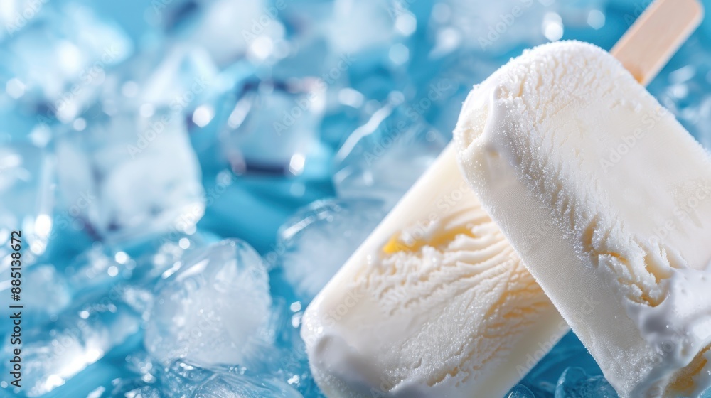 Poster two vanilla ice cream bars are shown resting on a bed of ice cubes, creating a refreshing visual wit