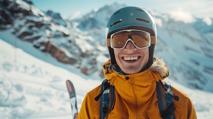 Portrait of smile laughing happy skiing white man looks in camera. front view, speed motion effect, professional costume at snow mauntain background 