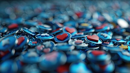 Fototapeta premium A vibrant collection of blue heart and social media icons scattered randomly against a dark background. The bright colors and contrasting elements add a cheerful aesthetic.