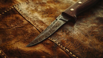 Rustic knife with wooden handle lying on distressed leather surface. The vintage look emphasizes craft and functionality in a traditional setting.