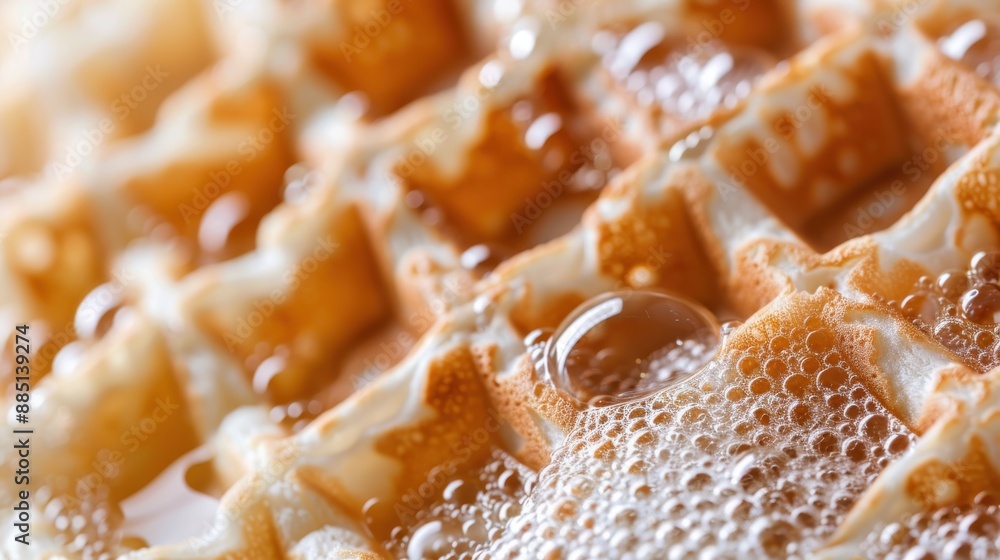 Poster this image captures a detailed close-up of a waffle with visible bubbling syrup, highlighting the te