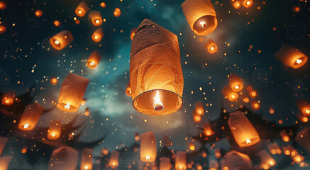 Floating paper lanterns in the black night sky. Generative AI.