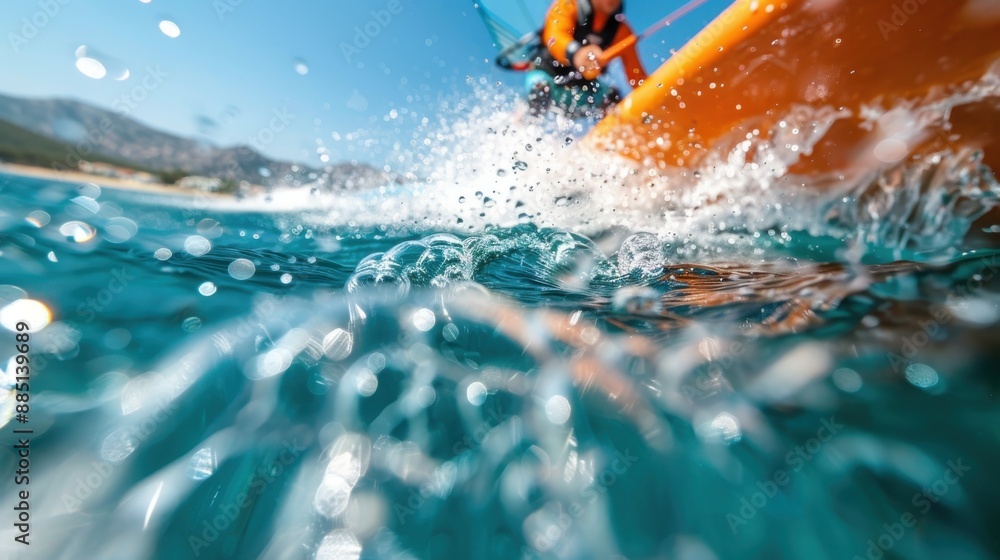 Poster a close-up view captures the dynamic splashes of water as a person windsurfers through waves, with t