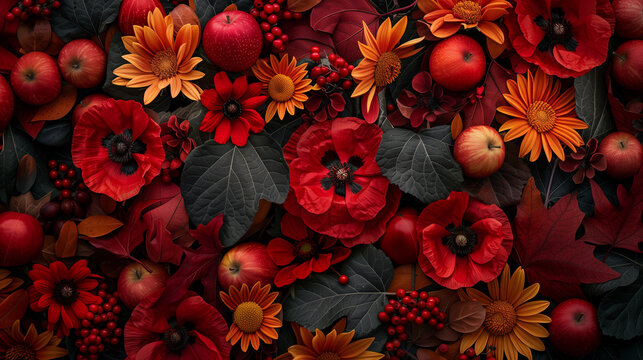 beautiful and luxurious flowers background, poppies, sunflowers, daisies, viburnum, apple flowers, oak leaves, multi-colored ribbons, with raspberries, lingonberries, blueberries and strawberries