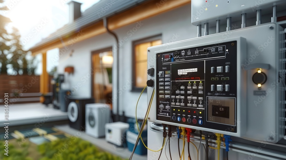 Poster a modern, well-lit house, highlighting the updated electrical system, an electrician is installing a