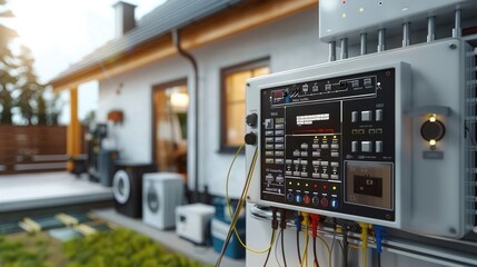 A modern, well-lit house, highlighting the updated electrical system, an electrician is installing a new state-of-the-art distribution panel with organized and labeled cables. Generative AI.