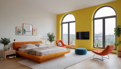 Modern bedroom with harmonious bright colors
