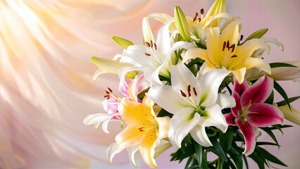 Fototapeta premium Delicate lilies with soft light background, perfect for greeting cards and elegant designs, conveying tranquility and beauty. 