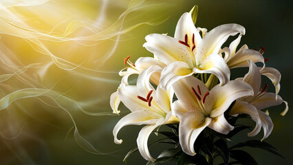 Delicate lilies with soft light background, perfect for greeting cards and elegant designs, conveying tranquility and beauty. 