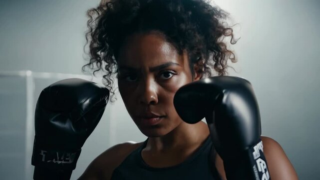 Determined female boxer in gloves, intense closeup portrait - Powered by Adobe