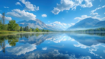 A tranquil landscape featuring a mountain range reflected in a calm lake, with a clear blue sky and a few fluffy clouds, capturing the serene and majestic beauty of nature